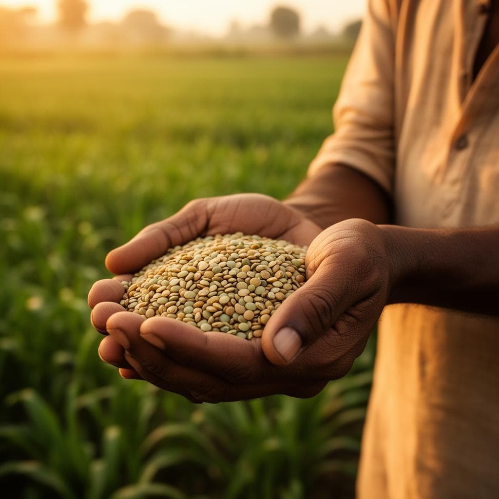 Farmer holding freshly harvested grains