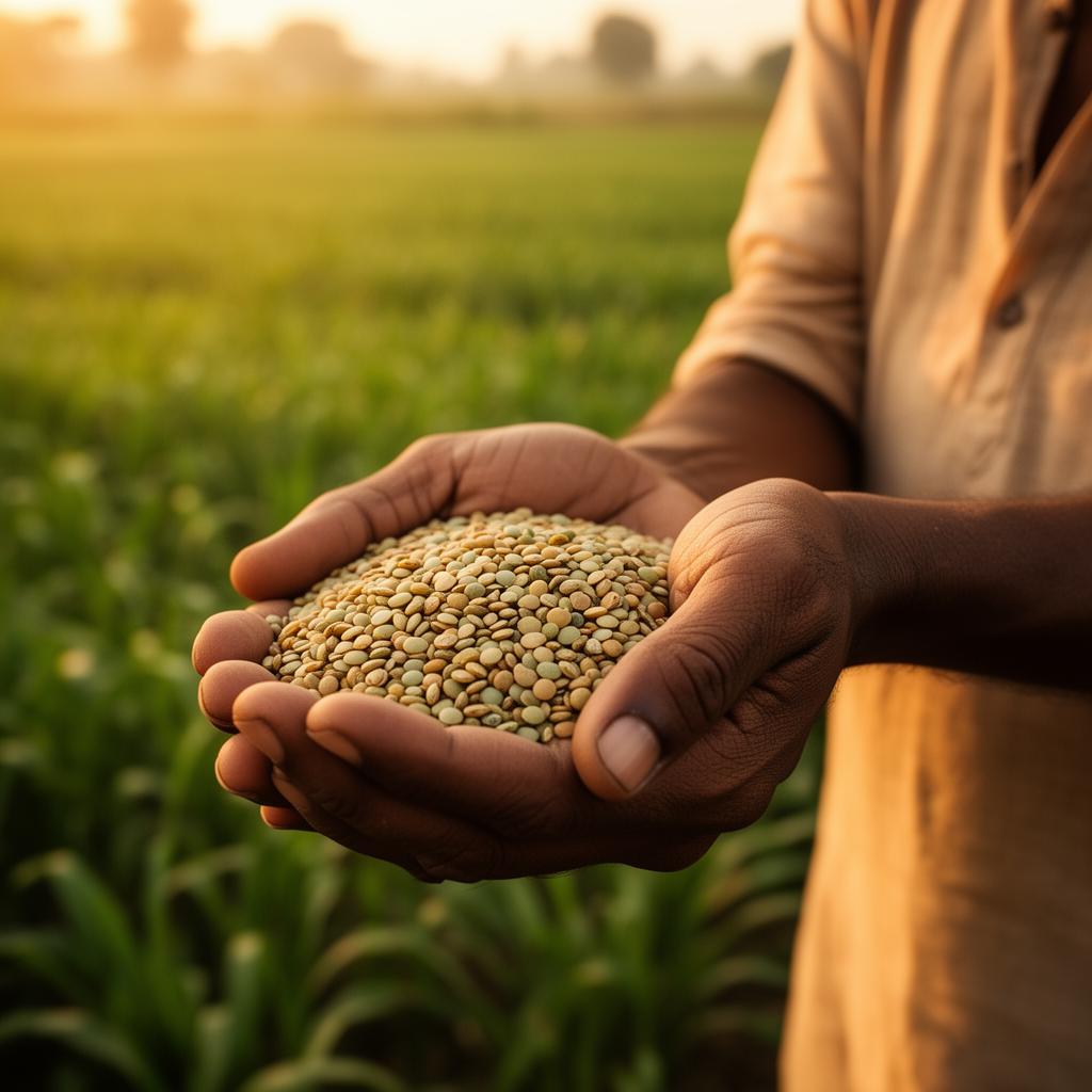 Indian farmer holding freshly harvested lentils