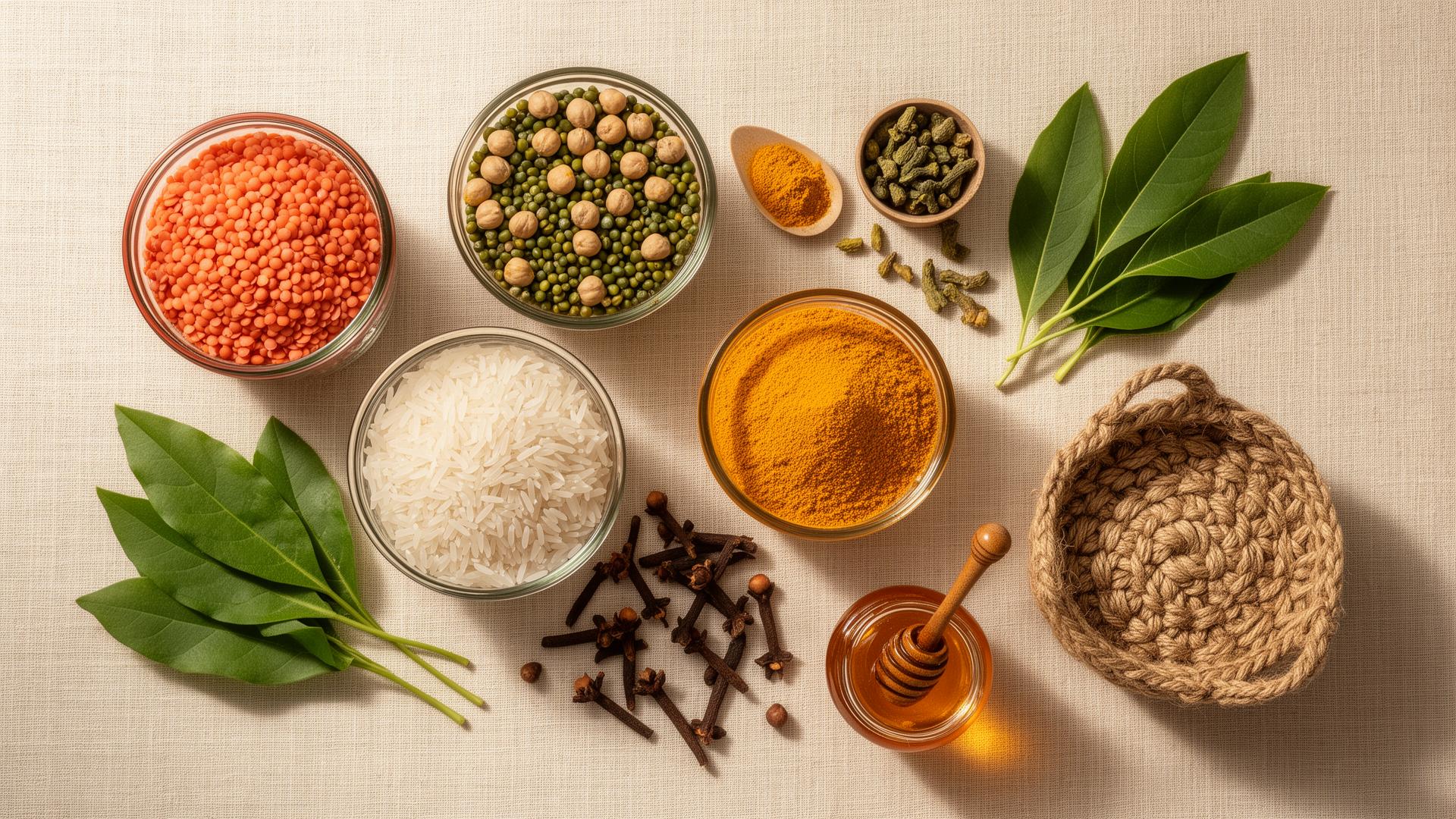 Flat lay of organic Indian groceries — lentils, basmati rice, turmeric, honey and fresh herbs